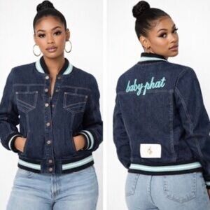 Vtg Baby Phat Y2K Denim Bomber Varsity Jean Jacket Size L Streetwear Retro Style